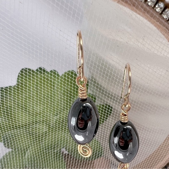 HEMATITE and Gold Beaded Dangle Earrings - Picture 5 of 12